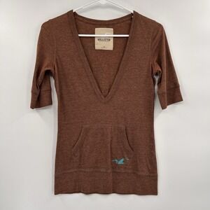 Hollister Womens Y2K Deep V Neck Top Size Medium Brown Pocket Retro 2000s Pocket